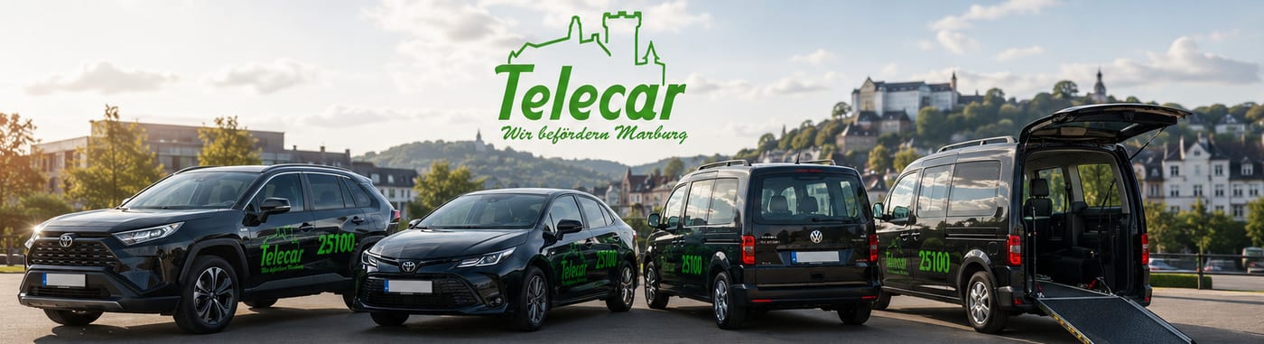Der Fuhrpark von Telecar Stadtmobil 24 vor der Marburger Altstadt mit Schloss